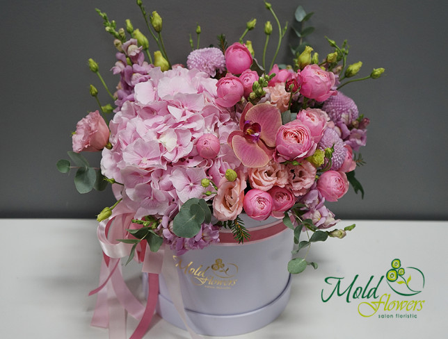 Box with Silvia Pink Roses, Eustoma, and Hydrangea photo
